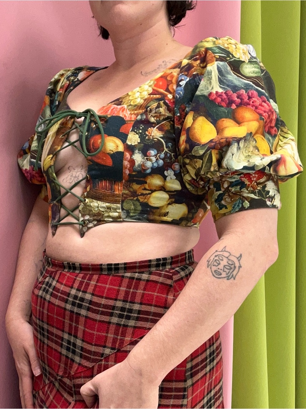Samantha Pleet Multi-Colored Fruit Print Lace-Up Corset Crop Top Puffy Sleeves - Picture 3 of 9